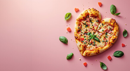 homemade italian pizza in heart shape for valentines day romantic date love with pink pastel background in editorial magazine look with salami basil 