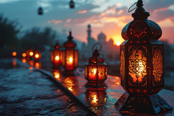 Ramadan Kareem background. Generative AI image. Ramadan Lantern with Colorful Light Glowing at Night and Glittering with Bokeh Lights on Ground.