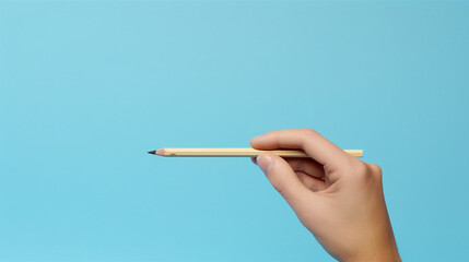 Captivating Creativity: Overhead View of Hand Using Wooden Pencil to Draw Picture on Blue Pastel Background - Artistic Inspiration for Design and Conceptual Craftsmanship