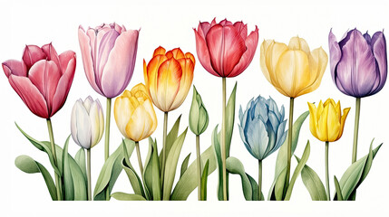 Colorful tulips on a white background.