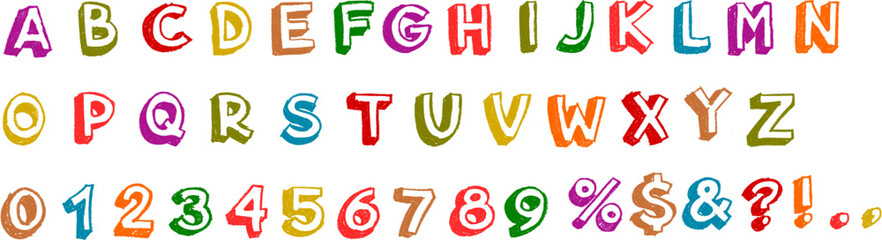Alphabet and Numbers Colorful 3D Crayon Drawing Set - obrazy, fototapety, plakaty