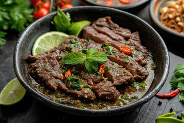 Fototapeta premium Beef Lok Lak with pepper lime dip made of beef fillet, black Kampot pepper, fish sauce, palm sugar, parsley dill mint, Lolo Rosso, limes, clean wooden background