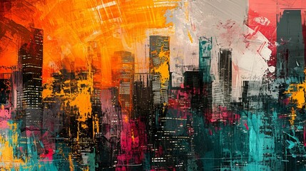 Abstract art depicting a bustling metropolis with skyscrapers and urban energy background