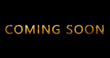 Coming Soon typographic announcement golden shiny glittering text animation. Promotion discount and sale text motion graphic. Advertisement Golden film movie broadcast alert title reveal.