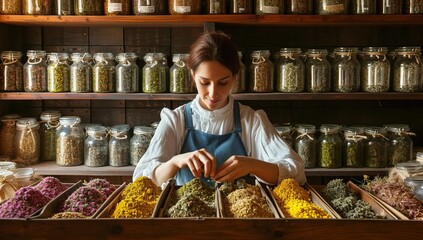 young woman in apron choosing spices in the spice shop - obrazy, fototapety, plakaty