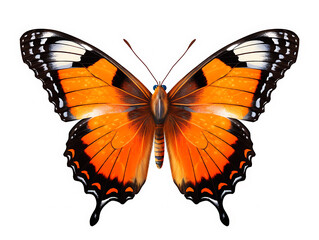 A close-up portrait of a beautiful butterfly from above. A butterfly with a color combination of orange, black, and white. Isolated within a white-colored background. Created with Generative AI.