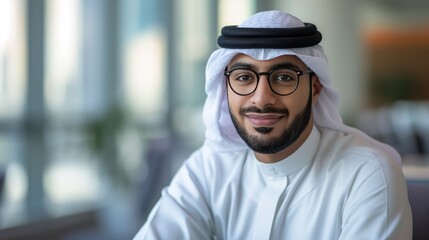 Happy Arab man in office dressed in kandura