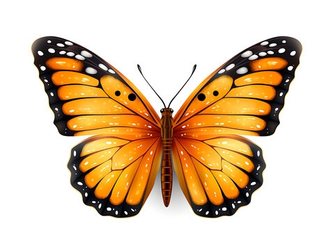 A close-up portrait of a beautiful butterfly from above. A butterfly with a color combination of orange, black, and white. Isolated within a white-colored background. Created with Generative AI.