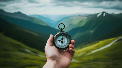Compass in man's hand in front of summer mountain landscape with green hills and cloudscape , travel adventure and discovery consept - obrazy, fototapety, plakaty