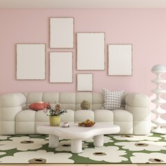6 wall frames mockup in danish living room with sofa. empty posters gallery wall art, colorful design. 3D illustration - obrazy, fototapety, plakaty
