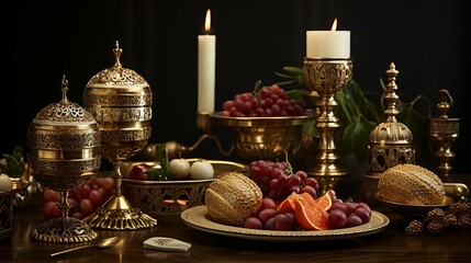 Obraz na płótnie Canvas Table Adorned With Gleaming Golden Dishes and Glasses, Passover