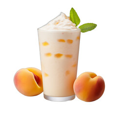 Peach Perfection Smoothie: Peaches, Vanilla Yogurt, Almond Milk, Honey, Ice isolated on transparent background
