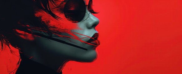 close up woman face with black and red color makeup design, fashion artistic design with copy space, Generative Ai - obrazy, fototapety, plakaty
