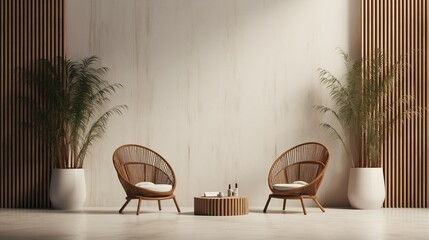 An elegant modern minimalist space with natural wood rattan chairs, white ceramic planters with palm plants, against a warm wooden slatted backdrop. - obrazy, fototapety, plakaty
