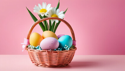 Colorful Easter eggs in a basket and blooming pink flowers on a light blue background, copy space