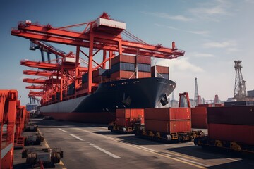 Cargo ship with crane loading container for import or export at terminal port.