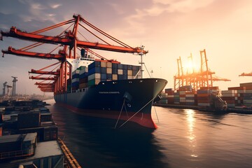 Cargo ship with crane loading container for import or export at terminal port.