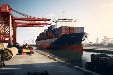 Cargo ship with crane loading container for import or export at terminal port.
