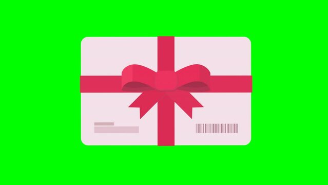 Animation of a hand placing a gift card with a red ribbon and its bow, in the middle of the screen on a green background, blue background, transparent background, alpha channel in flat design style