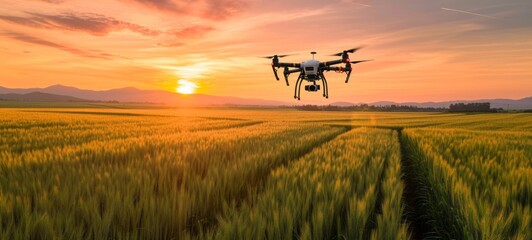 Fototapeta premium Close-up of agricultural drone flying over vast wheat field. Bright setting sun above the horizon. Using quadcopters for crop monitoring and spraying. Smart farming and precision agriculture.