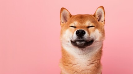 a photo portrait of a happy Shiba Inu dog on a light pink background