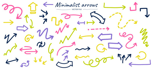 Flèches minimalistes. Fléches dessinées à la main. Flèches simples. Pack de flèches variées dessinées à la main. Fléches colorées, fichiers vectoriel modifiable. Flèches funs. 