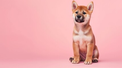 photo portrait of a cute sitting Shiba Inu puppy on a light pink background