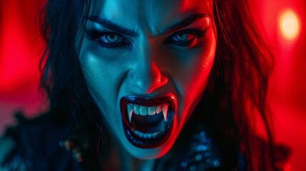 Woman vampire with open mouth and long fangs - obrazy, fototapety, plakaty