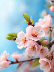 Obraz premium branches of blossoming cherry against background of blue sky, Pink sakura flowers, dreamy romantic image spring
