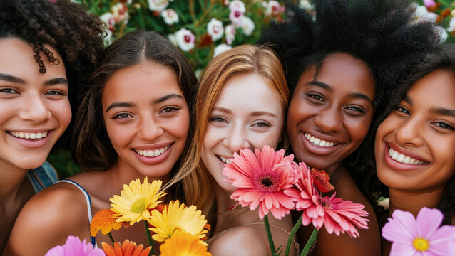 group of five diverse happy young women with flowers
