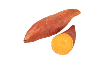 Sweet potato or sweetpotato whole and half tubes with red skin and yellow flesh isolated...