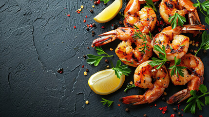 Grilled tiger prawns, shrimp, with lemon and herbs in frying pan	
