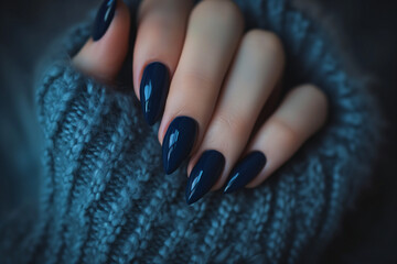 dark blue acrylic nails on a dark background, in the style of light violet, luxurious, polished,...
