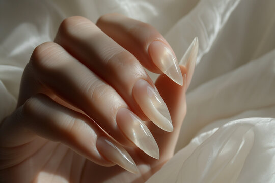Elongated, pristine white nails, like delicate ivory crescents, emerge from a canvas of soft, atmospheric light. minimalist fashion and beauty concept
