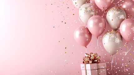 Valentine's day background with pink balloons, gift box and confetti.
