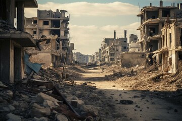 A deteriorated neighborhood in a war-torn Syrian city. Generative AI - obrazy, fototapety, plakaty