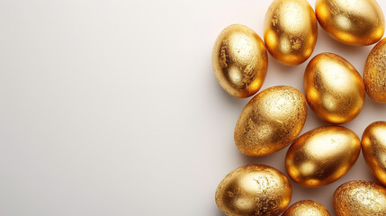 Golden easter eggs background, top view with copy space	

