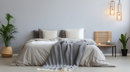 Interior of modern bedroom with white walls, concrete floor, comfortable king size bed with white blanket. Generative AI. - obrazy, fototapety, plakaty