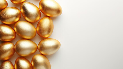 Fototapeta premium Golden easter eggs background, top view with copy space 