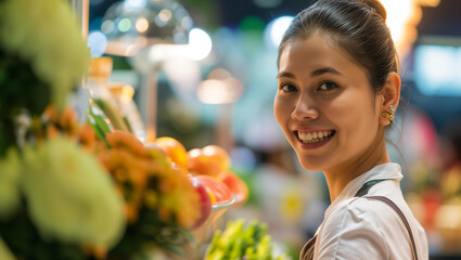 A smiling woman at a food expo booth