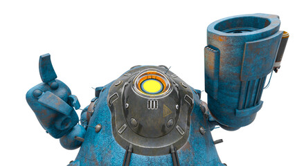 heavy metal mech ball is saying hey you there on white background bottom view