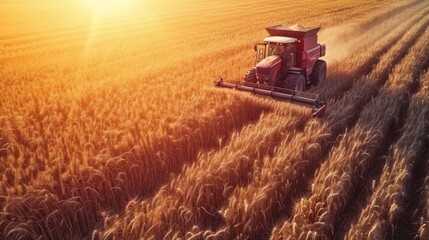 Fototapeta premium Aerial view of modern industrial combine harvesting wheat cereals on a summer evening. Grain harvester in an endless wheat field. The reflection of the setting sun in the background.