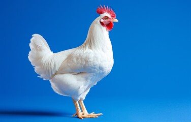 Fototapeta premium White chicken hen isolated on bright blue background. Farm animal, Easter, natural food theme. Space for text. 