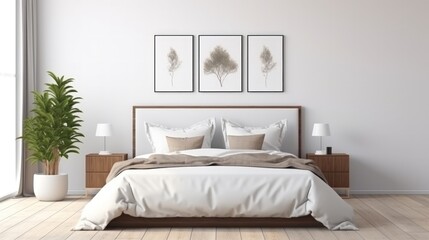 Fototapeta na wymiar Mock-up poster frame in a bedroom, Scandinavian style, 3d render. Generative AI.