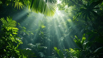 Abstract representation of a lush rainforest canopy with layers of green and dappled light background