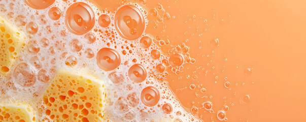 Close up photo with sponge in soap foam and bubbles of detergent, soap, disinfectant on peach background. Concept banner for spring cleaning with copy space. Macro of white spume and foam sponge. - obrazy, fototapety, plakaty