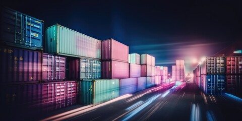 In the quiet of the night, a stack of cargo containers stands illuminated by streetlights, a symbol of the endless possibilities that await beyond their steel walls