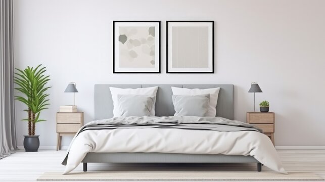 Frame mockup template scandinavian modern wooden bedroom with rattan furniture in white tones double bed duvet pillows wardrobe carpet mirror lamp and decors. Generative AI.