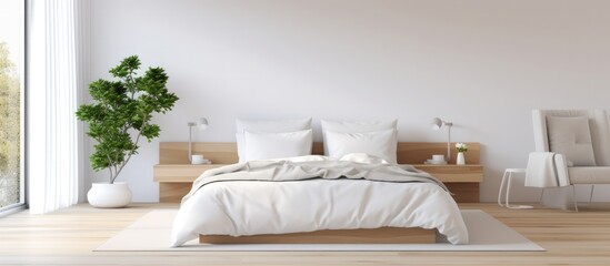 a white bedroom with a minimalist and contemporary design featuring a bed, frame, plant, and bed lamp. Generative AI.