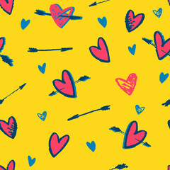 Seamless pattern. Hand drawn multicolored heart shapes, Cupids arrow, for wrapping paper and other design projects. Valentines Day concept, love, romance concept